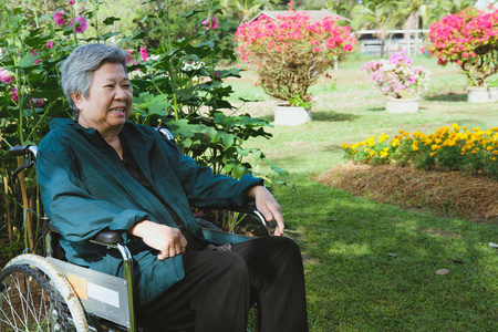 坐轮椅的亚洲长者在花园里休息。 老年女性在公园放松。 高级休闲生活