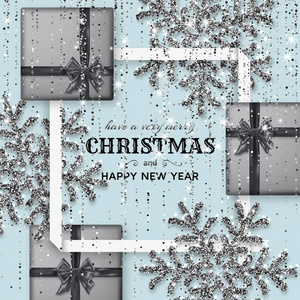 圣诞快乐的背景与闪亮的雪花, 银色礼品盒和灰色的金丝和彩带。贺卡和圣诞节模板
