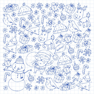 冬季圣诞矢量模式。圣诞老人, 雪人, 鹿, 钟, 圣诞树的图标。圣诞快乐新年快乐