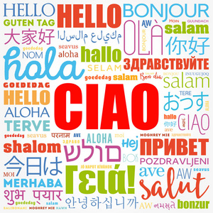 Ciao你好，意大利语问候世界不同语言的词云，背景概念