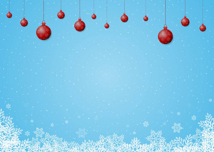 圣诞节雪花和红球背景与浅蓝色复制空间矢量插图