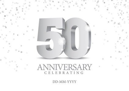 五十周年纪念，银色3d数字。庆祝50周年活动派对海报模板。矢量图