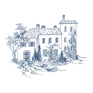 乡村景观与老农舍和庭院。手绘的例证。石乡意大利房子与屋顶瓦片和庭院植物。矢量设计