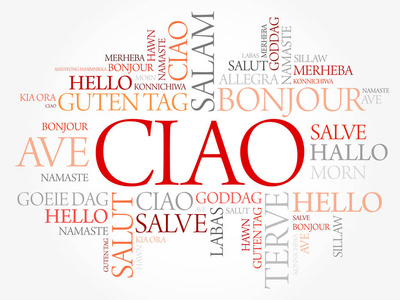 ciao(用意大利语问候)世界不同语言中的词云背景概念照片