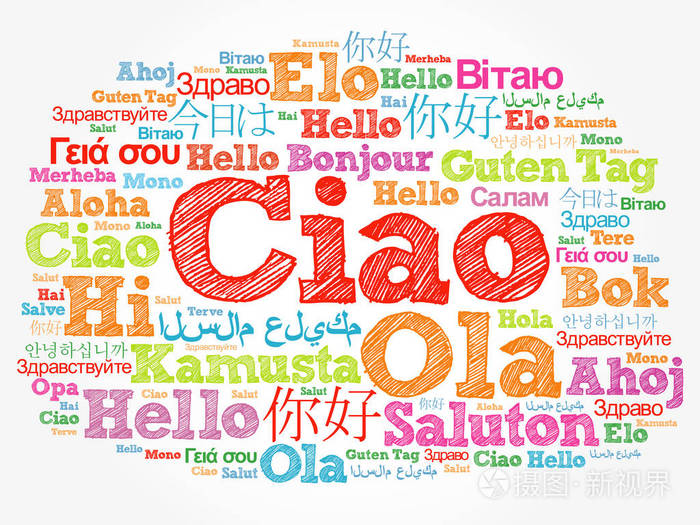 ciao用意大利语问候世界不同语言中的词云背景概念