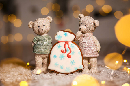 s bag of gifts and two decorative bears in cozy warm decoration 