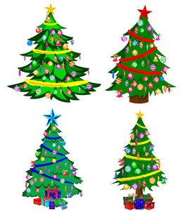星星装饰球和轻链装饰圣诞树与许多礼品盒。 孤立在白色背景上。 一套圣诞树。