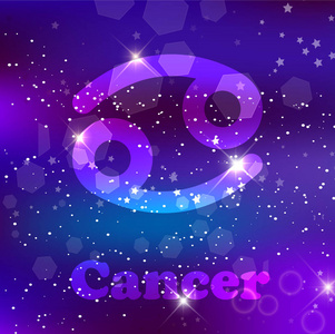 癌症生肖和星座在宇宙紫色背景上，有发光的恒星和星云。 矢量插图横幅海报螃蟹卡。 太空占星术占星术天文学幻想设计