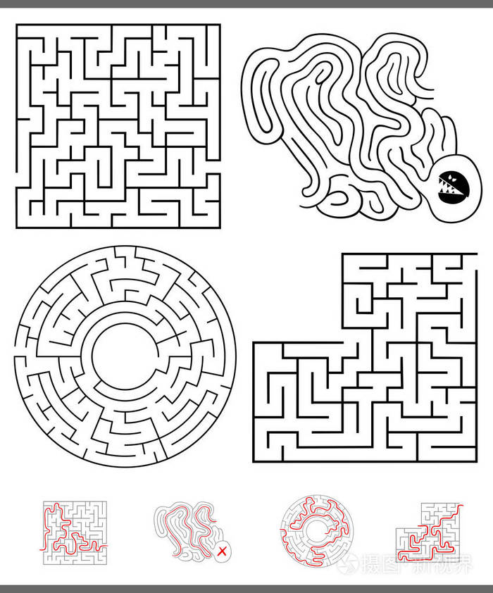 黑白迷宫或迷宫休闲游戏的插图与答案