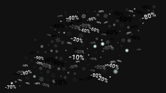黑暗背景下的百分比之影。黑色海报与银百分比的情况下, 雪花。矢量折扣销售背景