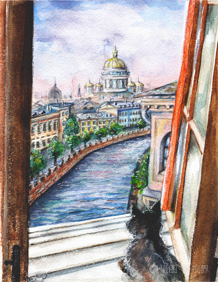 黑猫坐在窗台上,看着城市的风景. 水彩手绘插图
