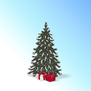 圣诞树下的圣诞礼物和飘落的雪可以用作明信片或作为设计网站的设计元素，书籍印刷在织物上。