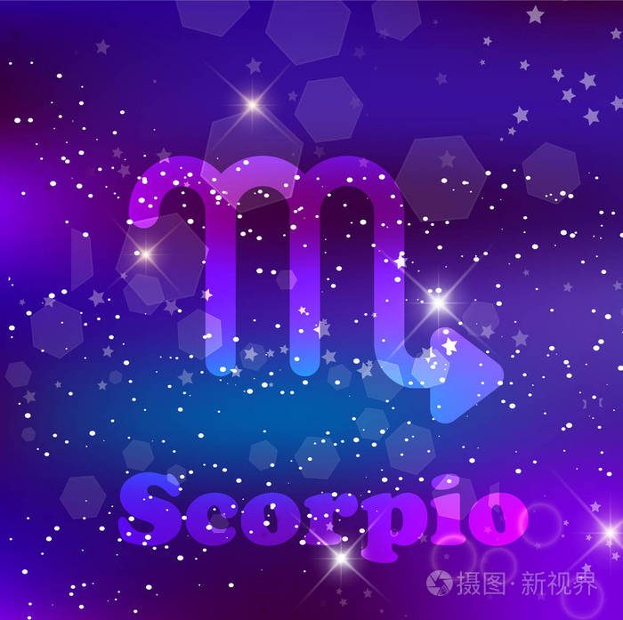 天蝎座星座和星座在宇宙紫色背景上,有发光的恒星和星云.