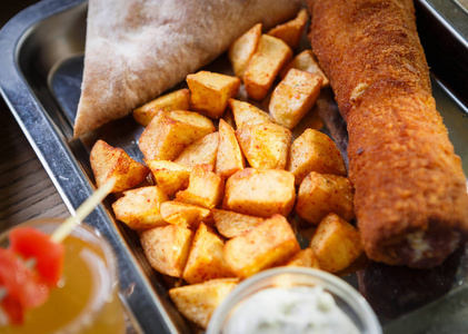  fried potato served in cafe.Food composition background