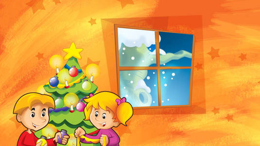 儿童装饰圣诞树插图的卡通场景图片