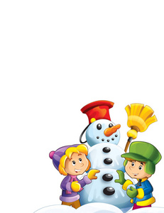 儿童在白色背景插图上堆雪人的卡通场景