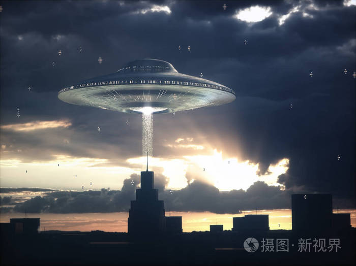 日落时分外星飞船飞过大楼外星人入侵的图像概念