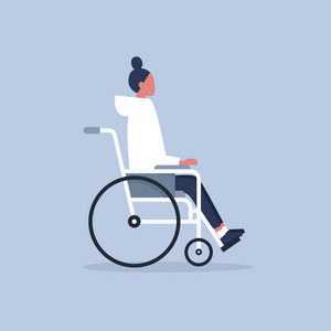年轻的残疾女性角色坐在轮椅上。 残疾问题。 日常生活。 平面可编辑矢量插图剪辑艺术