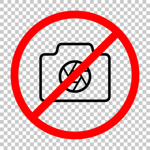 照片相机与快门线符号与薄轮廓简单图标。 不允许带有透明背景的红色警告标志的黑色物体