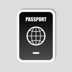 护照简单图标。 白色边框和灰色背景的简单阴影的贴纸风格