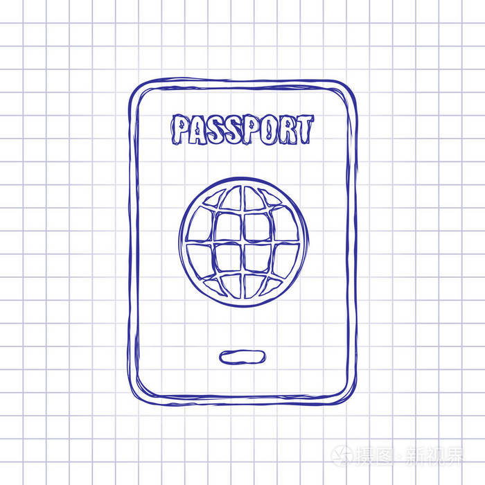 护照简单图标手绘纸上的图片蓝色墨水轮廓素描风格格子背景上的涂鸦