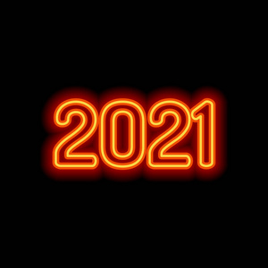 2021年数字图标. 新年快乐. 黑色背景上的橙色霓虹灯风格. 灯图标照片
