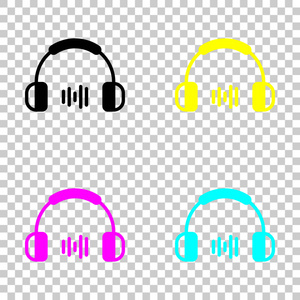耳机和音乐波。 中等体积水平。 简单的图标。 透明背景上彩色CMYK图标集