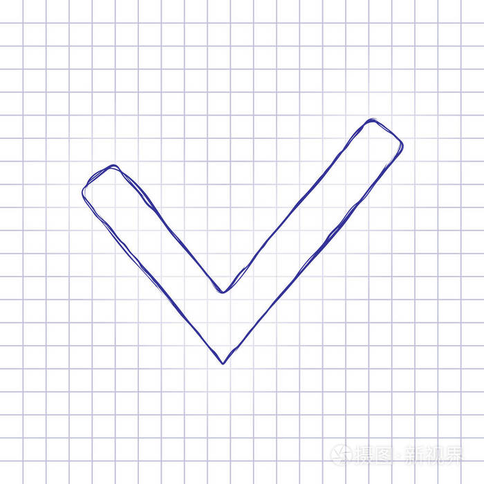 检查标记图标手绘纸上的图片蓝色墨水轮廓素描风格格子背景上的涂鸦