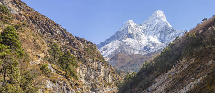 阿马达布拉姆在喜马拉雅山的顶峰。 珠穆朗玛峰大本营跋涉。 在尼泊尔徒步旅行