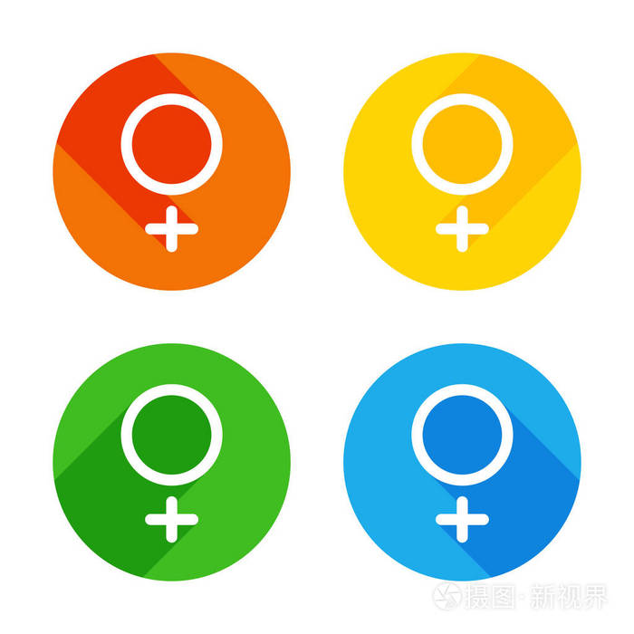 性别符号线性符号简单的女性偶像彩色圆圈背景上的平面白色图标每个角