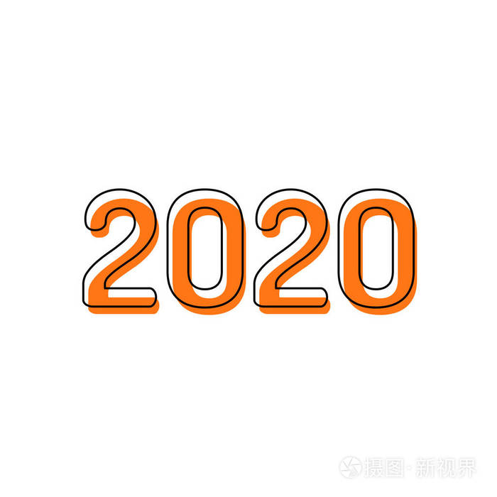 2020年数字图标新年快乐由黑色薄轮廓和橙色组成的孤立图标在不同的层