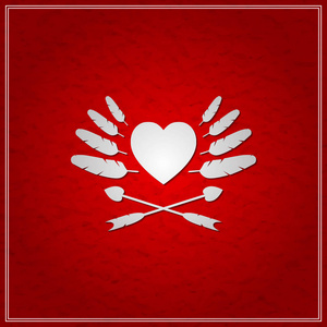 s day with heart, feathers and arrows on red crumpled background