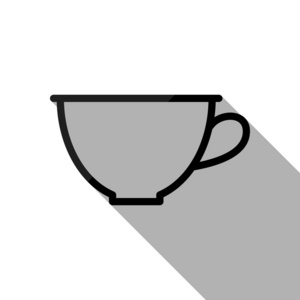 简单的咖啡或茶。 线性图标薄轮廓。 黑色物体，白色背景有长阴影