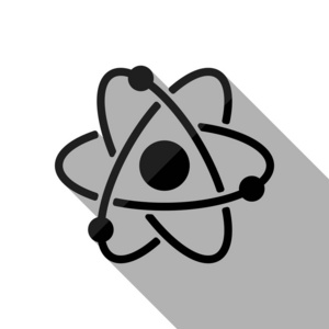 科学原子符号简单图标。 黑色物体，白色背景有长阴影