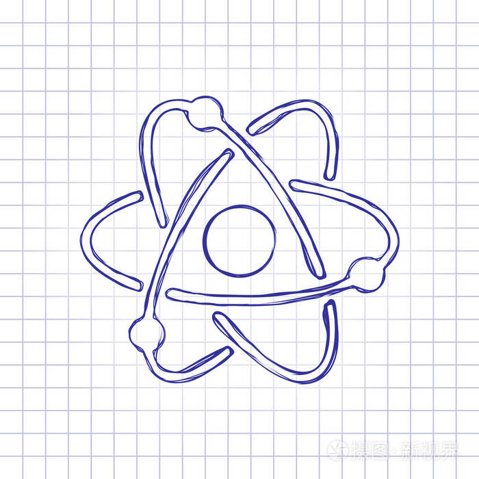 科学原子符号简单图标 手绘纸上的图片 蓝色墨水轮廓素描风格 格子背景上的涂鸦插画 正版商用图片161zh8 摄图新视界
