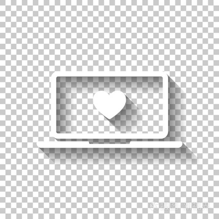 屏幕上有心脏的笔记本电脑或笔记本电脑。 简单的图标。 带有透明背景阴影的白色图标