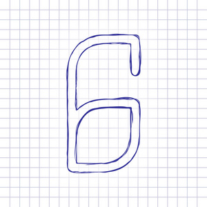 数字6数字第六. 手绘纸上的图片. 蓝色墨水轮廓素描风格.