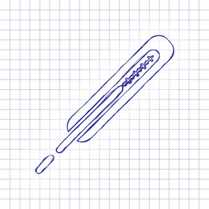 身体的医用温度计. 手绘纸上的图片. 蓝色墨水轮廓素描风格.