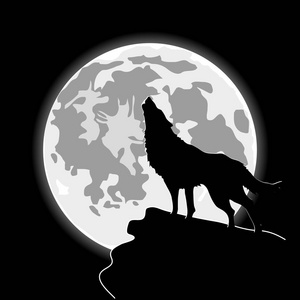 卡通月子面前嚎叫的狼。 万圣节之夜的背景。 狼和月光的轮廓