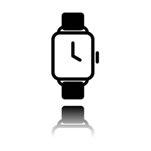 手动智能手表与方形显示。 技术图标。 带有镜像的黑色图标，白色背景