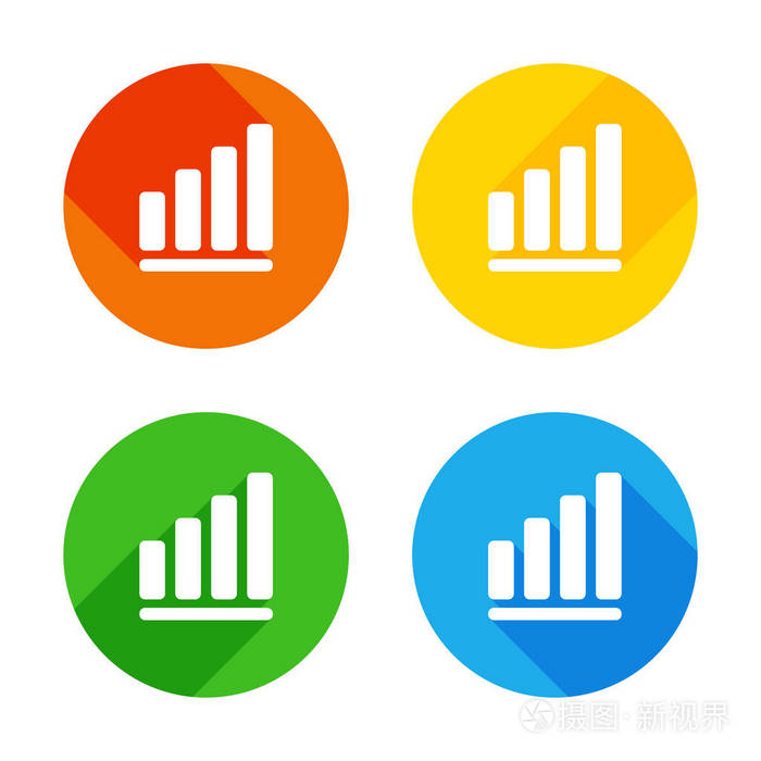 增长的图形线图标。 彩色圆圈背景上的平面白色图标。 每个角有四个不同的长阴影