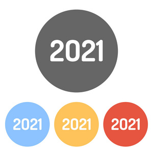 2021年数字图标. 新年快乐. 彩色圆圈上的一组白色图标照片