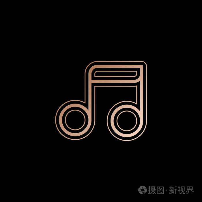 简单的音乐音符. 线性图标薄轮廓. 黑色背景的红色金色风格