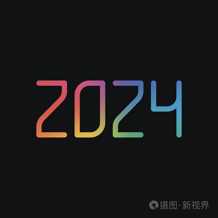 数字图标2024. 新年快乐. 彩虹色和深色背景