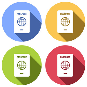 护照简单图标。 一组白色图标，蓝色橙色绿色和红色圆圈上有长阴影。 贴纸样式