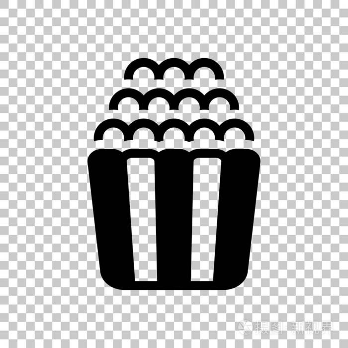 爆米花图标零食电影纸盒的食物. 透明背景下的黑色符号