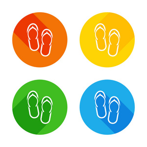沙滩拖鞋。 拖鞋图标。 彩色圆圈背景上的平面白色图标。 每个角有四个不同的长阴影
