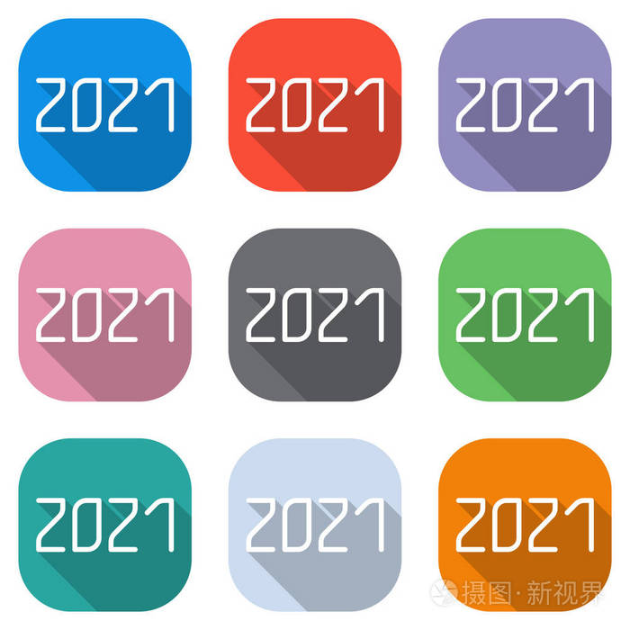 2021年数字图标新年快乐用于应用程序的彩色方块上的一组白色图标海报