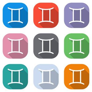 占星术标志。 双子座简单的图标。 用于应用程序的彩色方块上的一组白色图标。 海报的无缝和图案