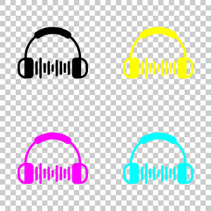 耳机和音乐波。 最大体积水平。 简单的图标。 透明背景上彩色CMYK图标集